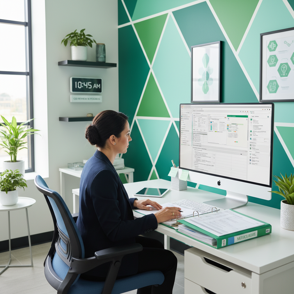 Care management specialist coordinating medical records and case documentation on computer