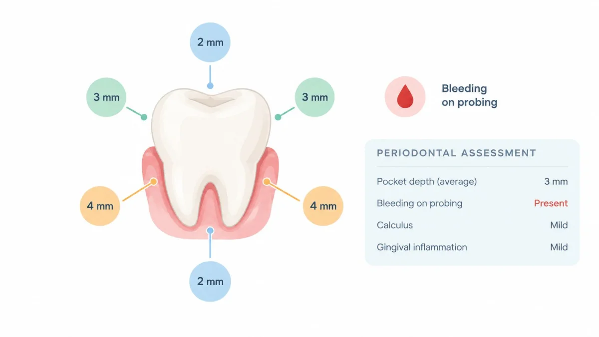 A periodontal assessment diagram of a tooth showing pocket depth measurements and signs of gum inflammation.
