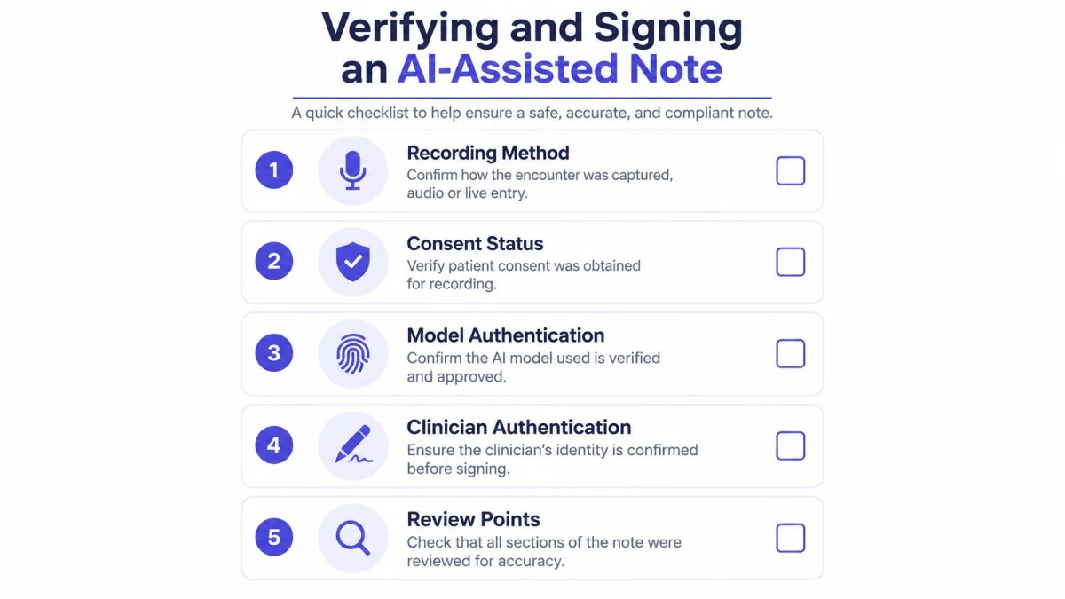 A checklist infographic titled Verifying and Signing an AI-Assisted Note, detailing five key steps for clinical accuracy.