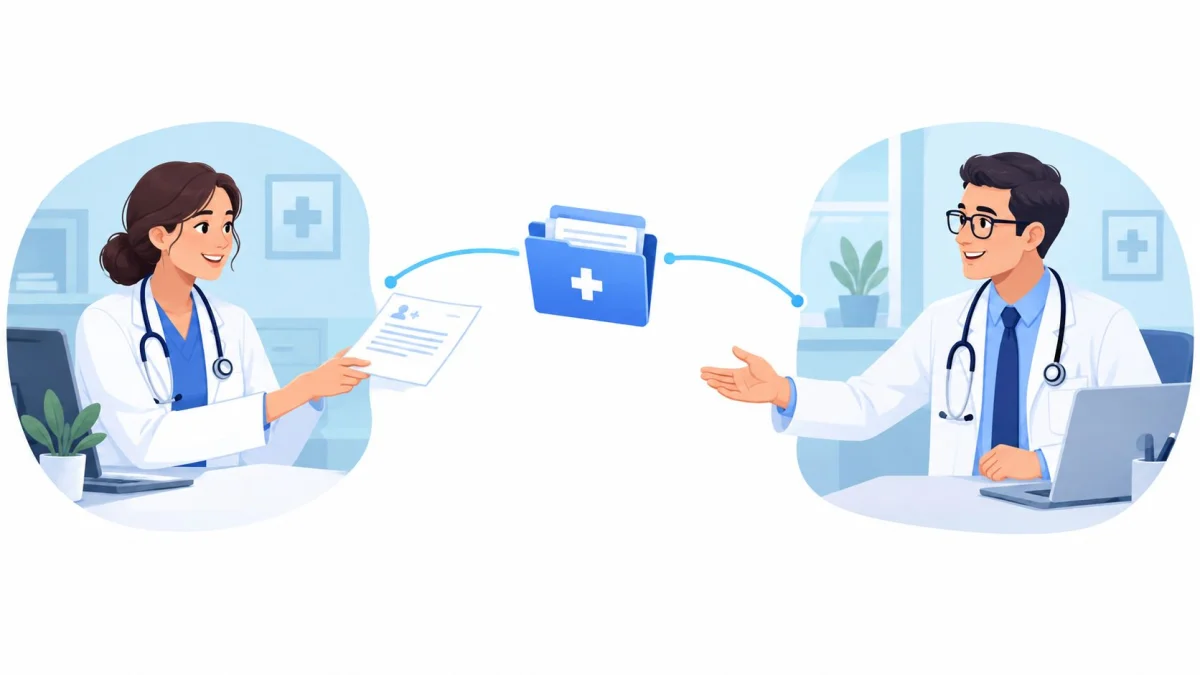 A female doctor transferring a digital patient medical report folder to a male doctor via network connection.