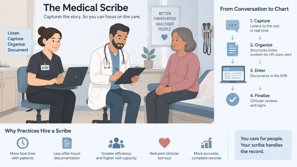 A medical scribe assisting a doctor and patient in an exam room, explaining the documentation process.