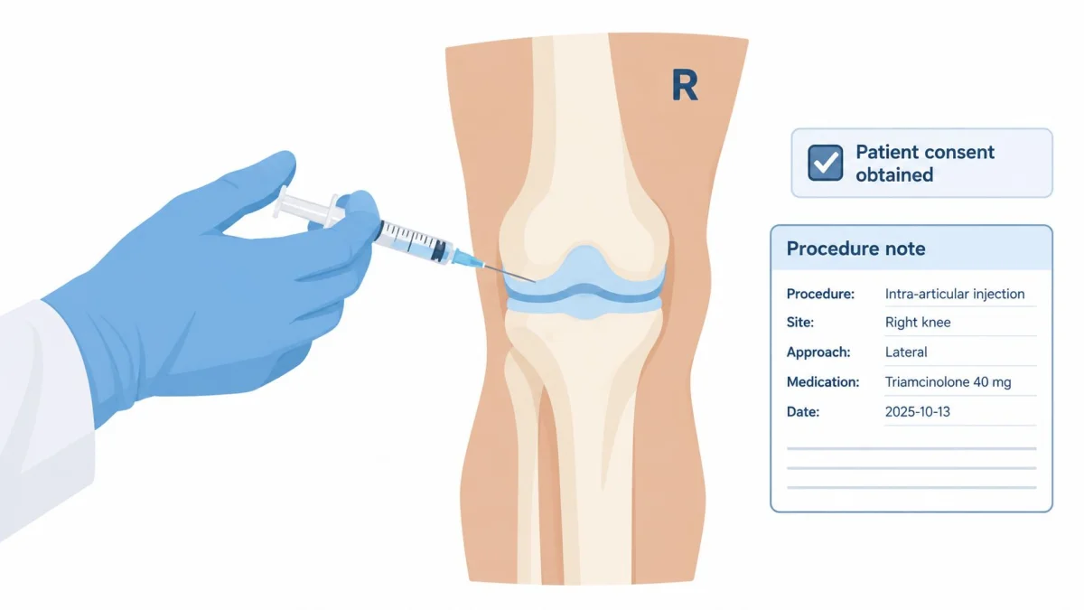 A medical illustration showing a healthcare provider administering an intra-articular injection into a patient's right knee joint.