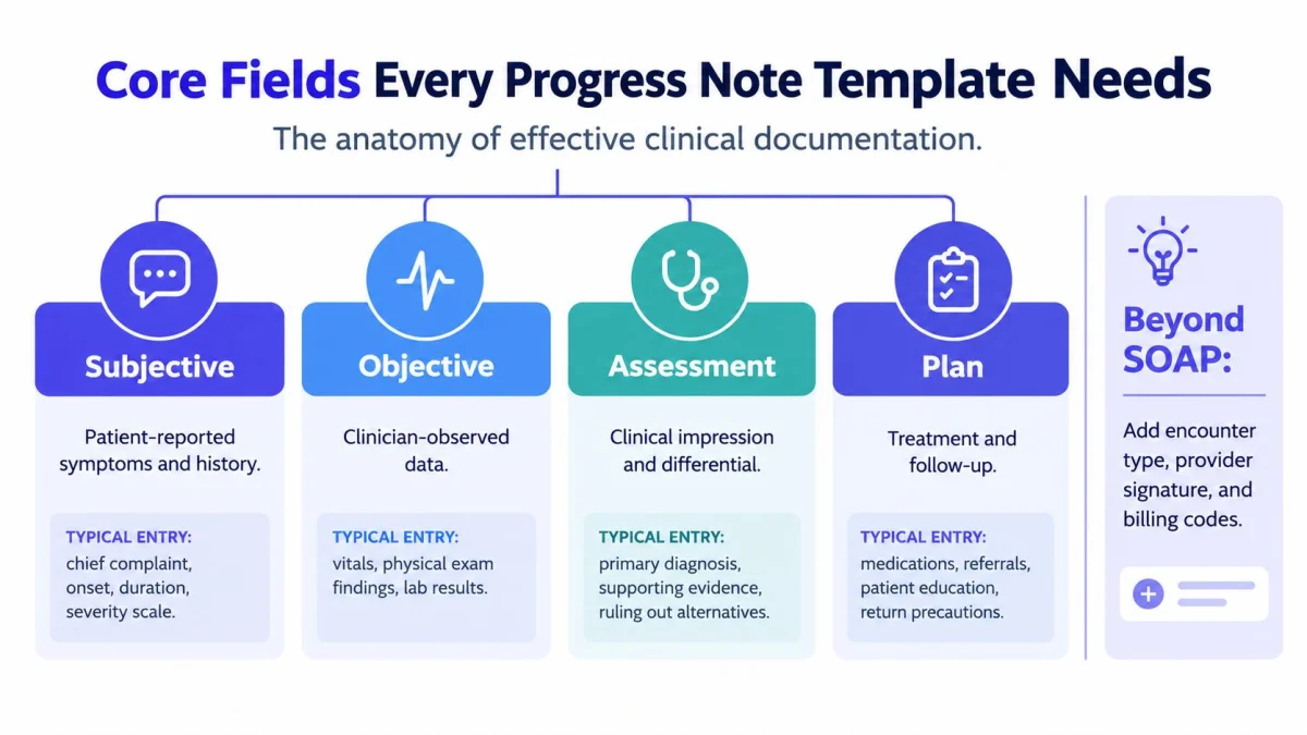 An infographic showing the four essential components of a clinical progress note: Subjective, Objective, Assessment, and Plan.