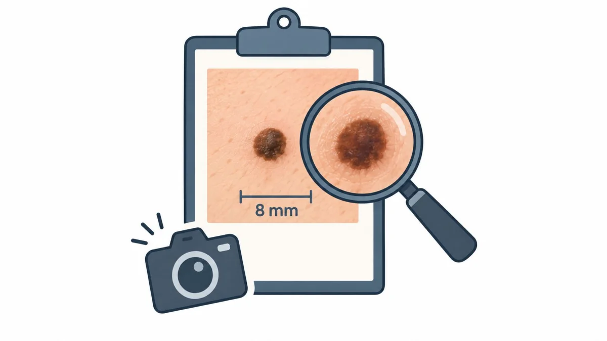 A clipboard showing an 8 mm skin mole with a magnifying glass and a camera icon nearby.