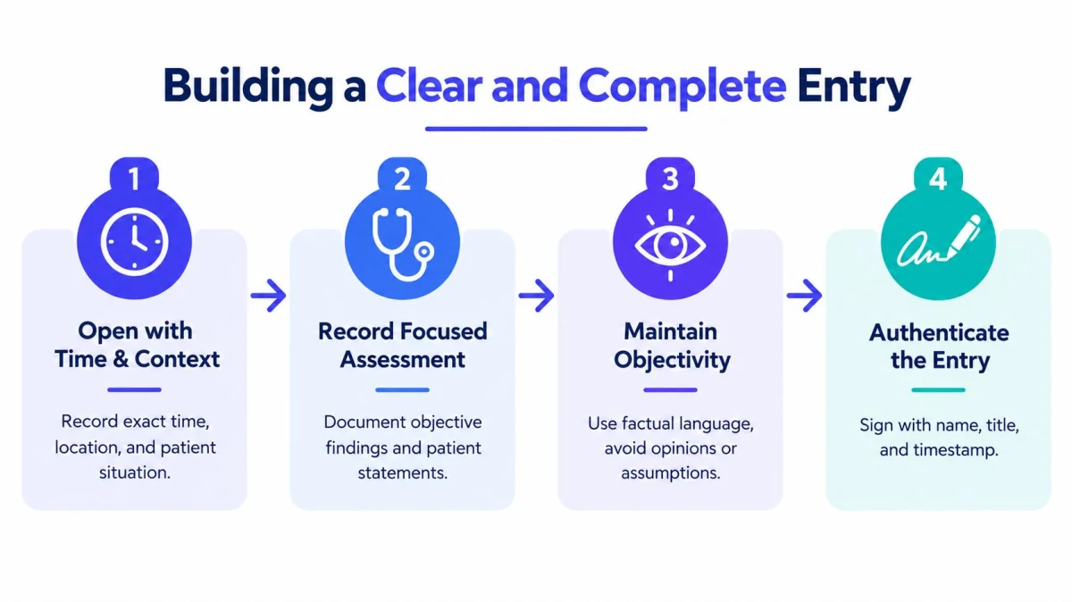 A four-step infographic guiding nurses on how to write clear and complete professional medical clinical documentation.