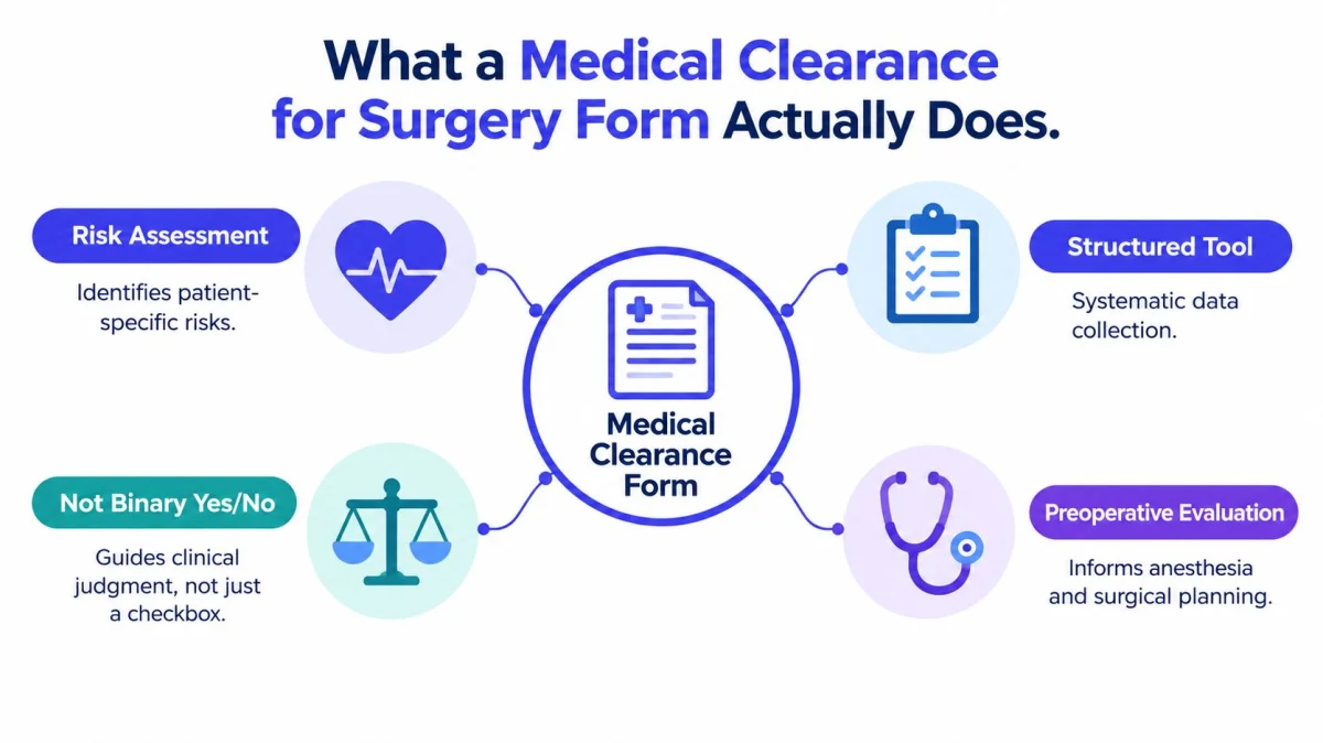 A diagram explaining the functions of a medical clearance for surgery form using four distinct icons.