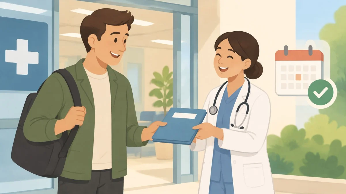 A doctor smiling while handing a medical report folder to a young man outside a hospital.