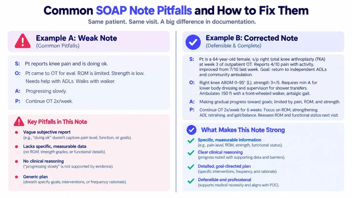 A comparison chart showing a weak versus a strong SOAP note for occupational therapy documentation improvement.