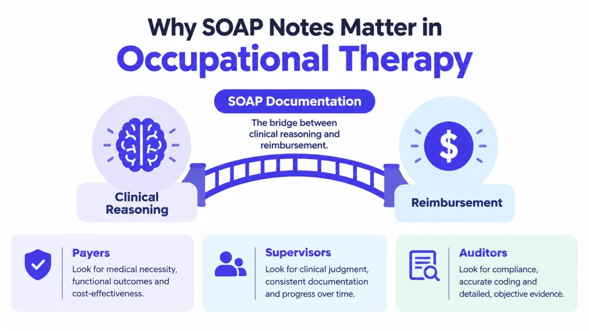 An infographic showing how SOAP documentation bridges occupational therapy clinical reasoning with reimbursement, billing, and professional audits.