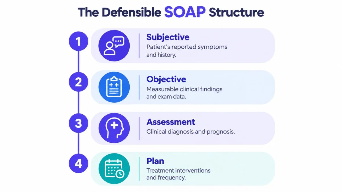 A visual guide explaining the defensible SOAP note structure used for medical and therapy documentation.