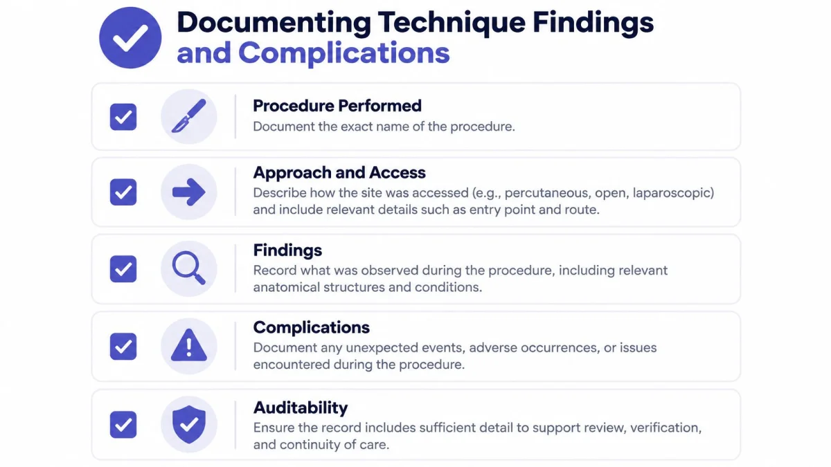 An infographic titled Documenting Technique Findings and Complications listing five essential steps for medical procedure documentation.