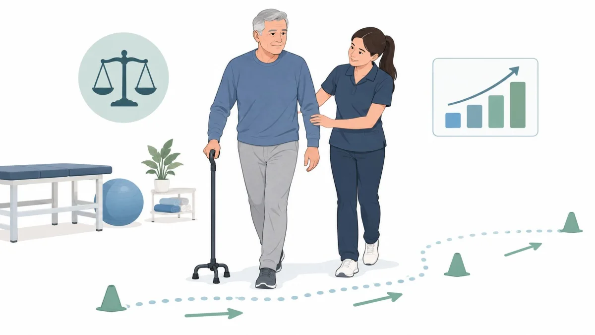 A female physical therapist assists an elderly man walking with a quad cane during a clinical session.