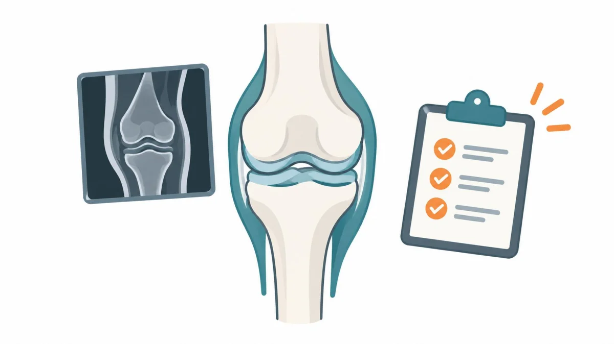 A medical illustration showing an X-ray, a diagram of a human knee joint, and a clipboard checklist.