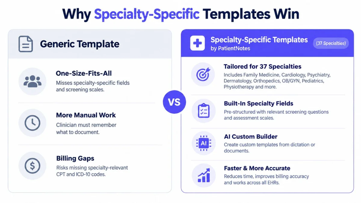 A comparison chart showing benefits of specialty-specific templates over generic templates for medical documentation and billing efficiency.