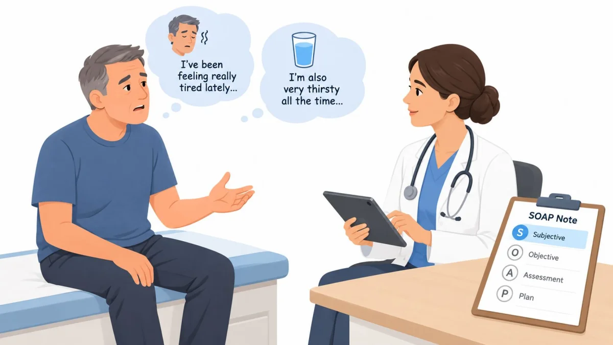 A patient describes his symptoms of fatigue and thirst to a doctor who is taking notes.