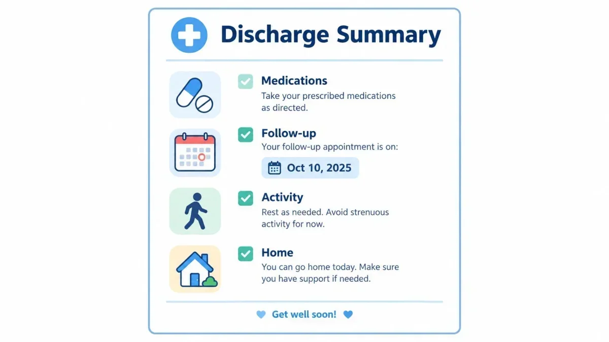 A digital discharge summary document outlining medication, follow-up, activity instructions, and home care for patients.