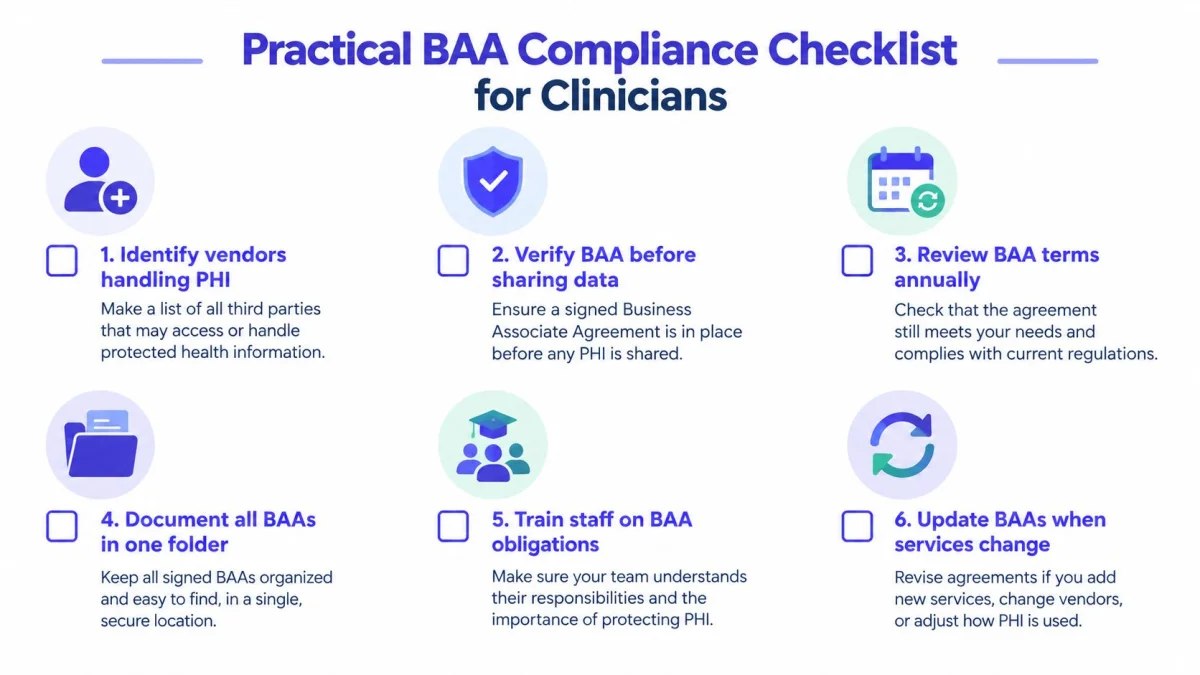 A visual checklist outlining six practical steps for clinicians to ensure HIPAA Business Associate Agreement compliance.
