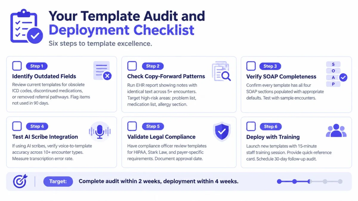 A six-step checklist titled Template Audit and Deployment for optimizing medical documentation and improving clinical workflow efficiency.