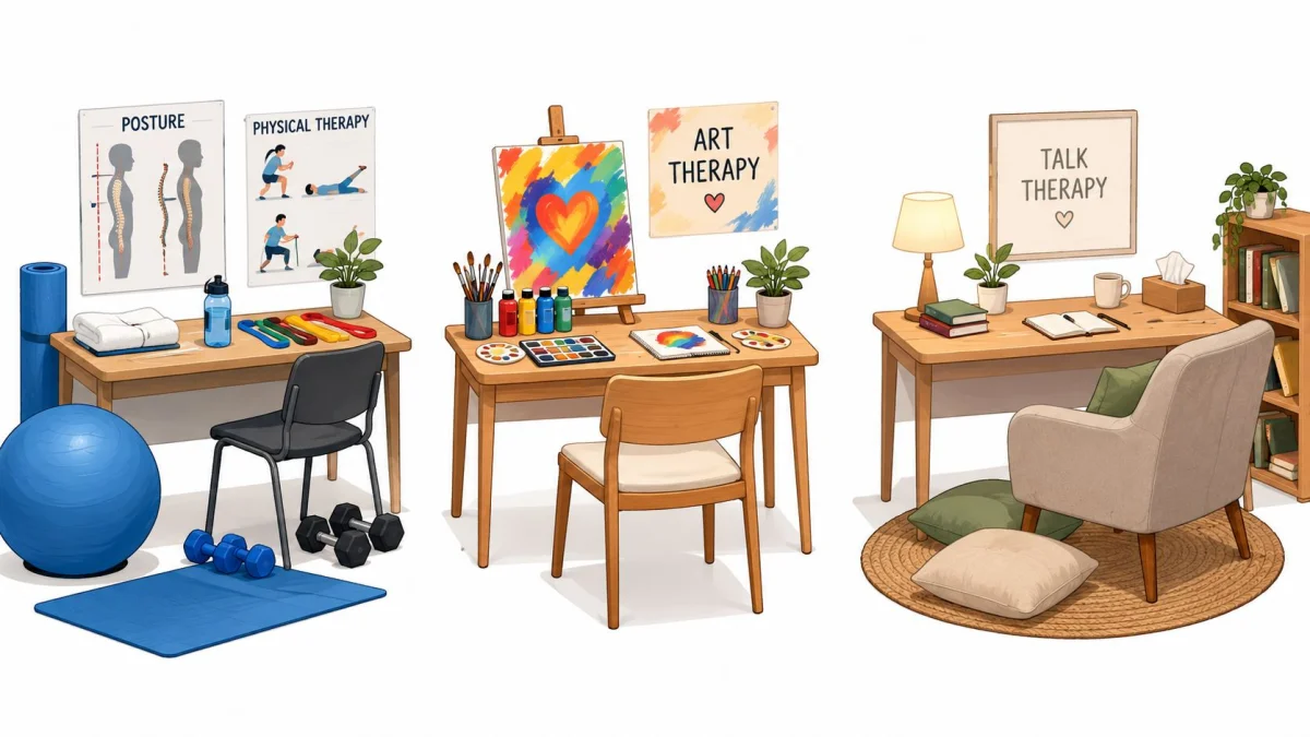 Three different therapy stations including physical therapy, art therapy, and talk therapy setup for mental health support.