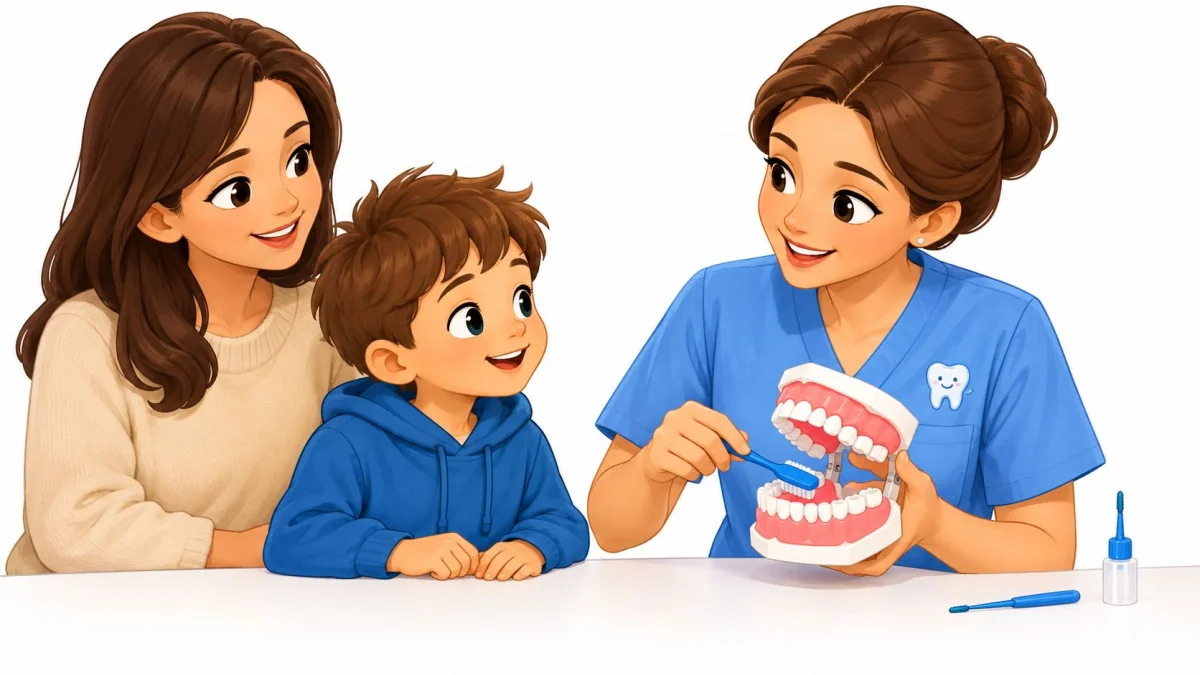 A friendly dental hygienist teaching a young boy how to brush teeth using a dental model.