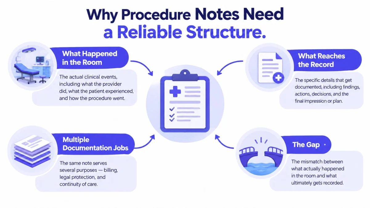 A diagram explaining why procedure notes need a reliable structure for medical documentation and billing accuracy.