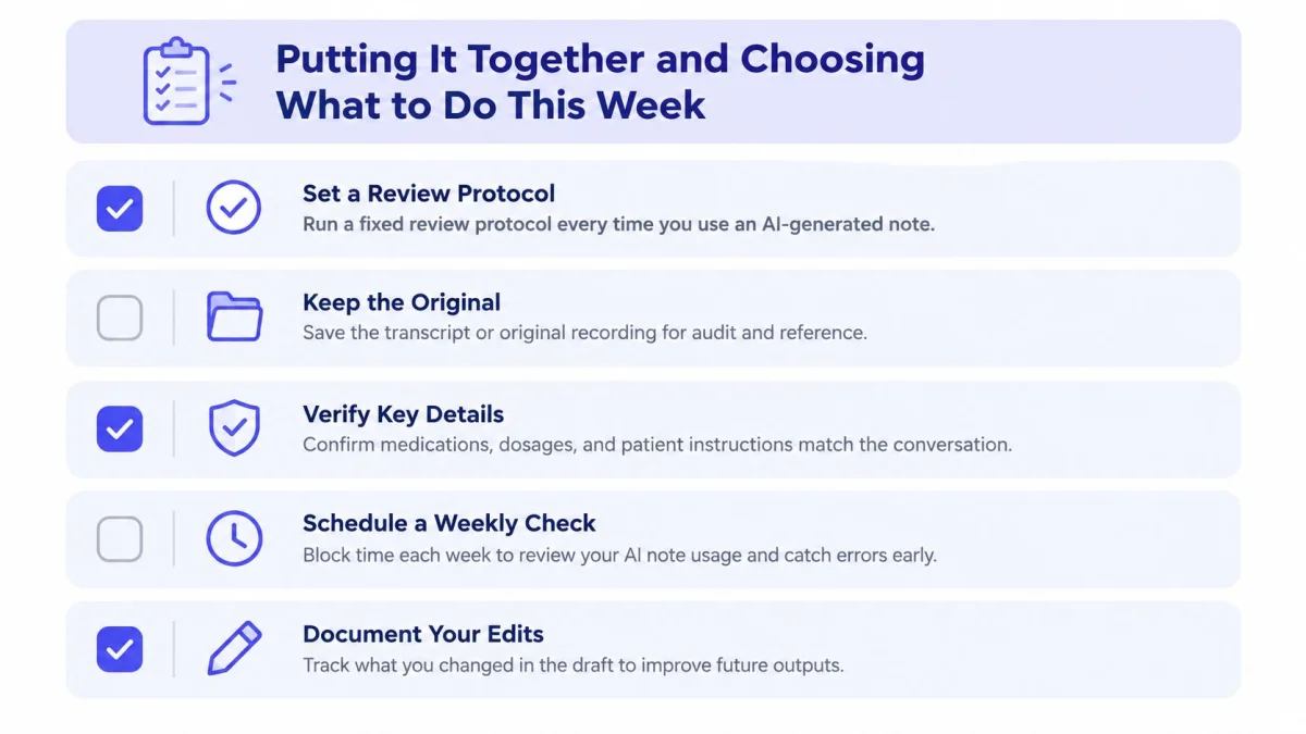 A checklist titled Putting It Together outlining five best practices for clinicians using AI-generated medical documentation.