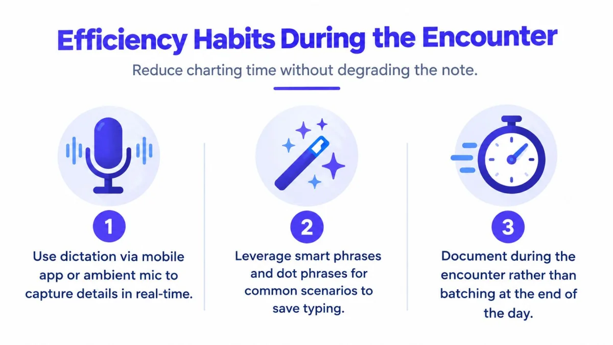 A graphic titled Efficiency Habits During the Encounter, featuring three steps for doctors to improve documentation.