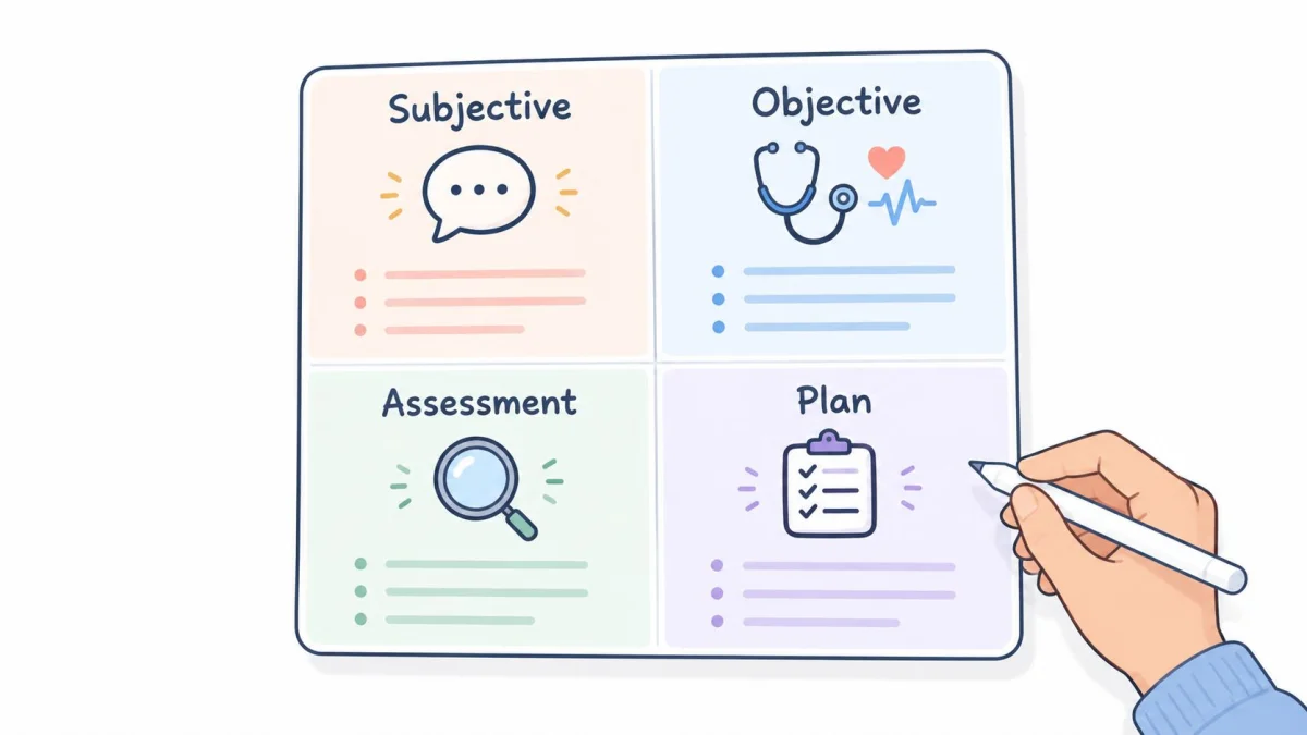 A hand drawing a SOAP note diagram representing Subjective, Objective, Assessment, and Plan on a digital tablet.