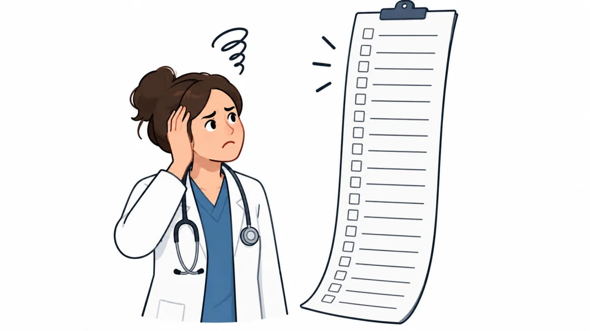 A confused female doctor looking at an extremely long medical checklist, feeling overwhelmed by her workload.