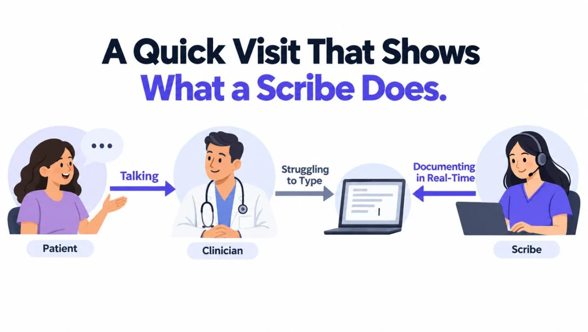 A diagram illustrating a virtual medical scribe documenting a patient-clinician visit in real-time on a laptop.