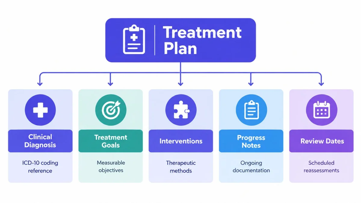 A flowchart diagram outlining the five key components of a professional healthcare therapy treatment plan.