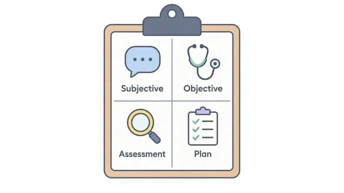 A clipboard graphic with four quadrants representing the SOAP clinical note format: Subjective, Objective, Assessment, and Plan.