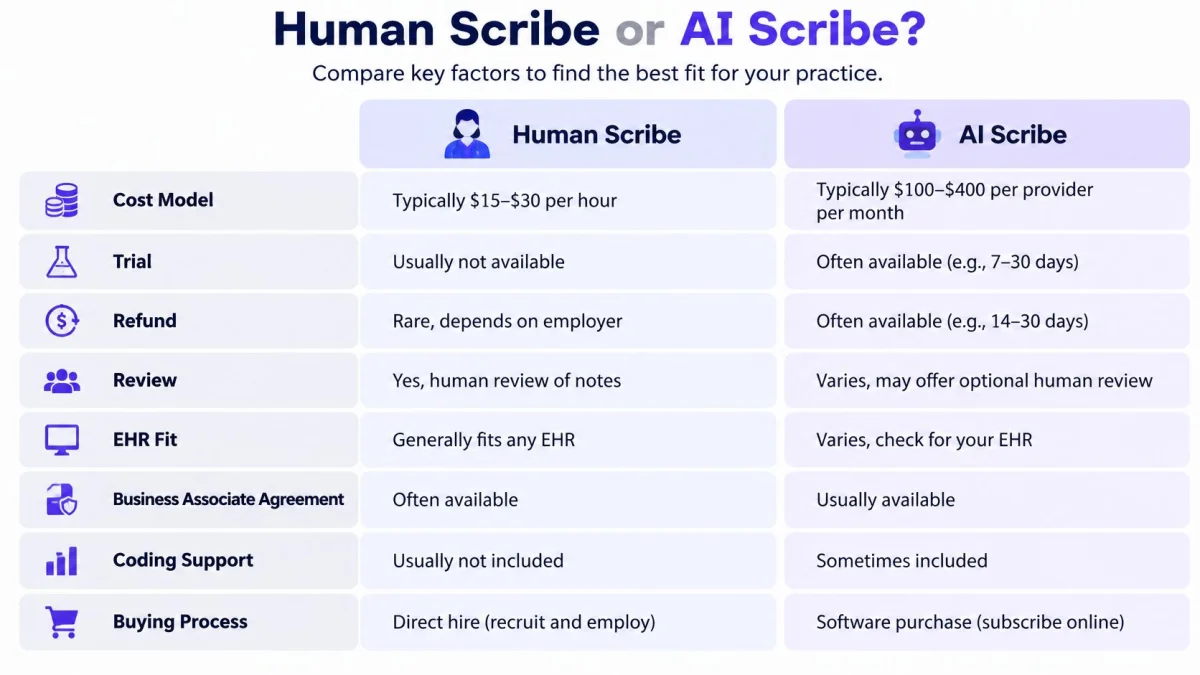 A comparison table outlining key differences between hiring a human medical scribe and using AI scribe software.