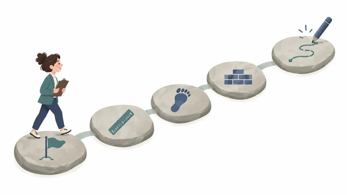 A professional woman walking across stone steps representing a structured therapeutic goal achievement progress path.