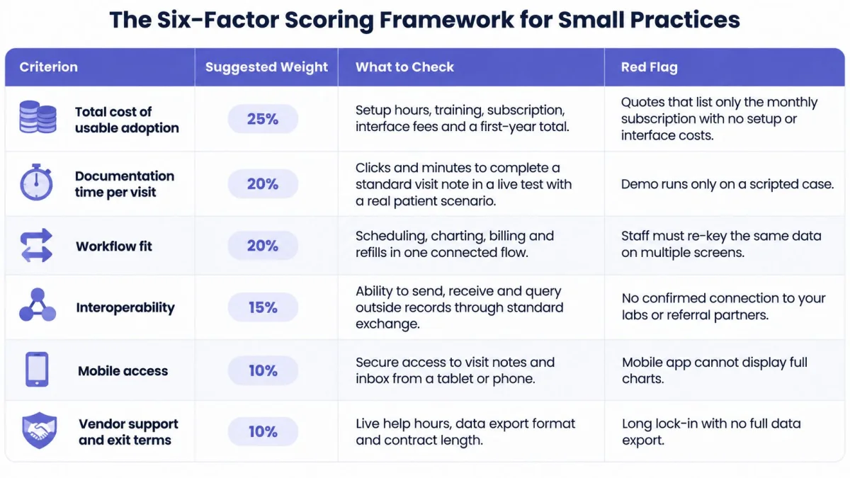 A table outlining the Six-Factor Scoring Framework for evaluating EMR software solutions for small medical practices.