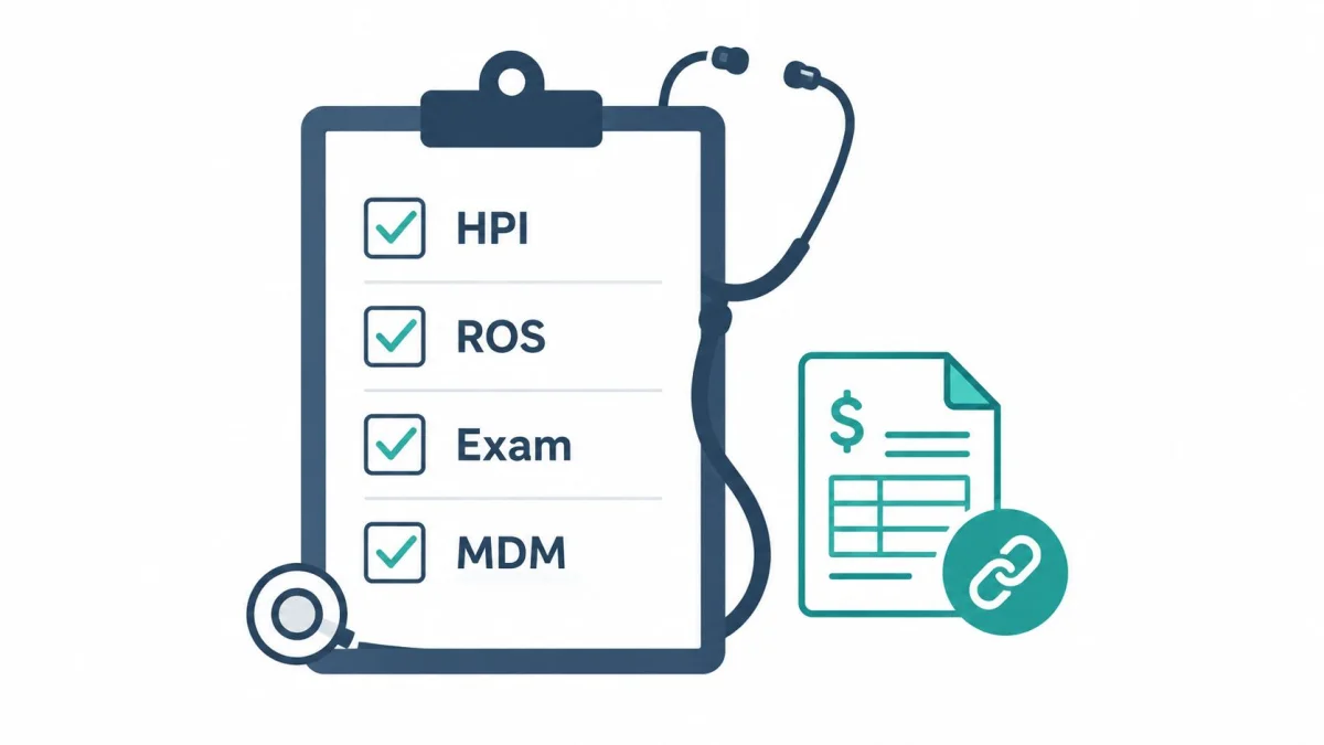 A clipboard showing medical documentation steps including HPI, ROS, exam, and MDM with a billing link icon.