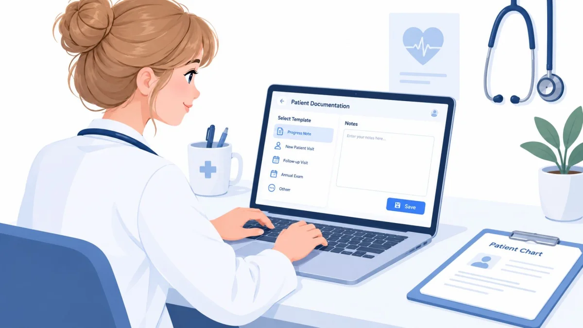 A female healthcare professional using a laptop to complete digital patient documentation in a clinic office setting.
