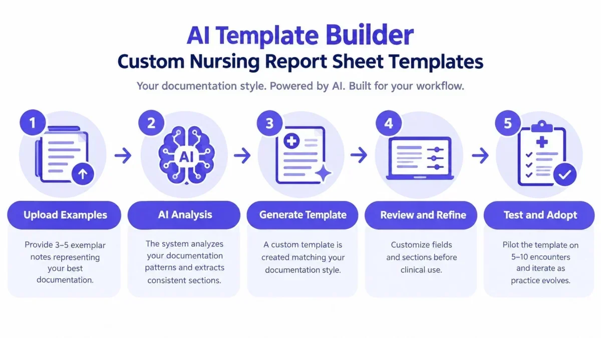 A five-step infographic showing how AI helps nurses build custom report sheet templates using clinical examples.