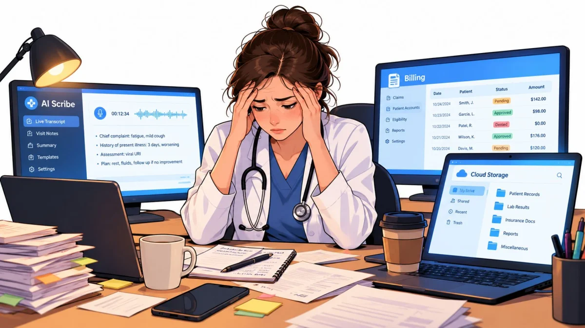 A stressed female doctor sits at a desk surrounded by digital medical screens and piles of paperwork.