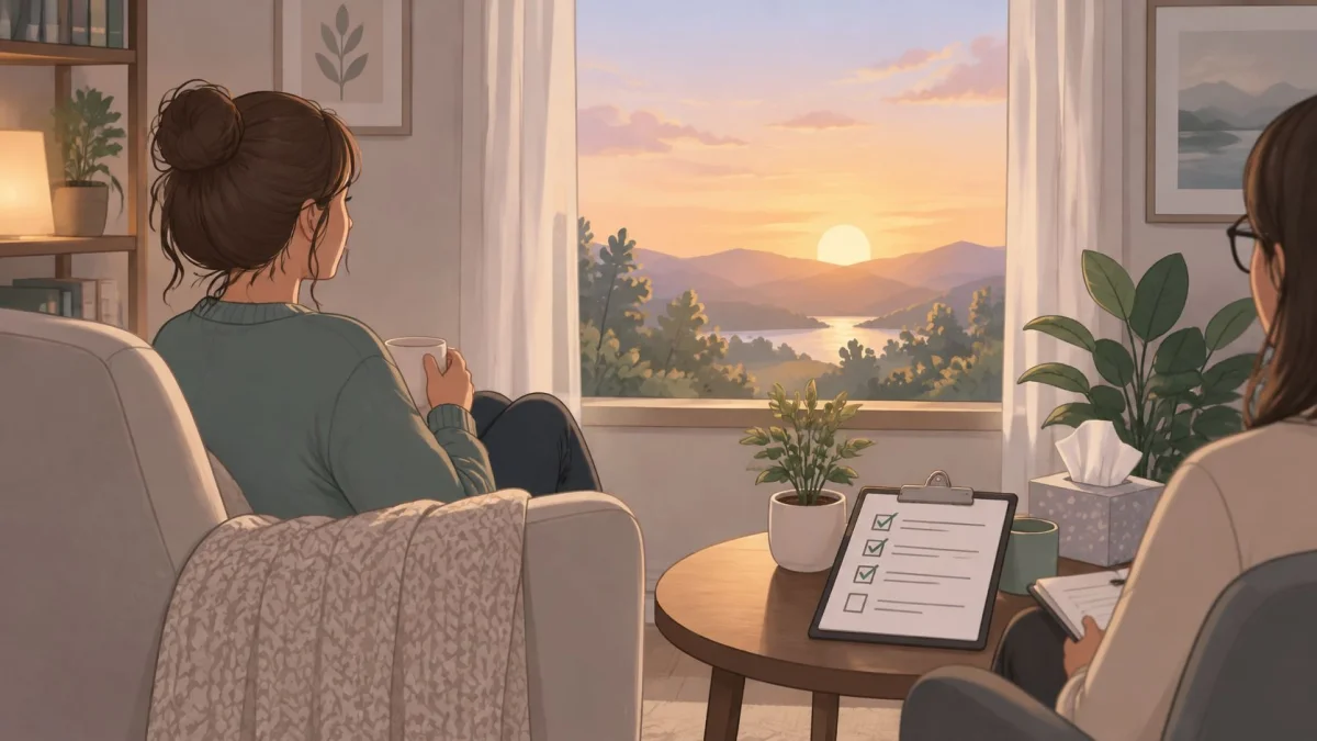 A woman sits in a cozy chair looking at a sunset view during a mental health therapy session.