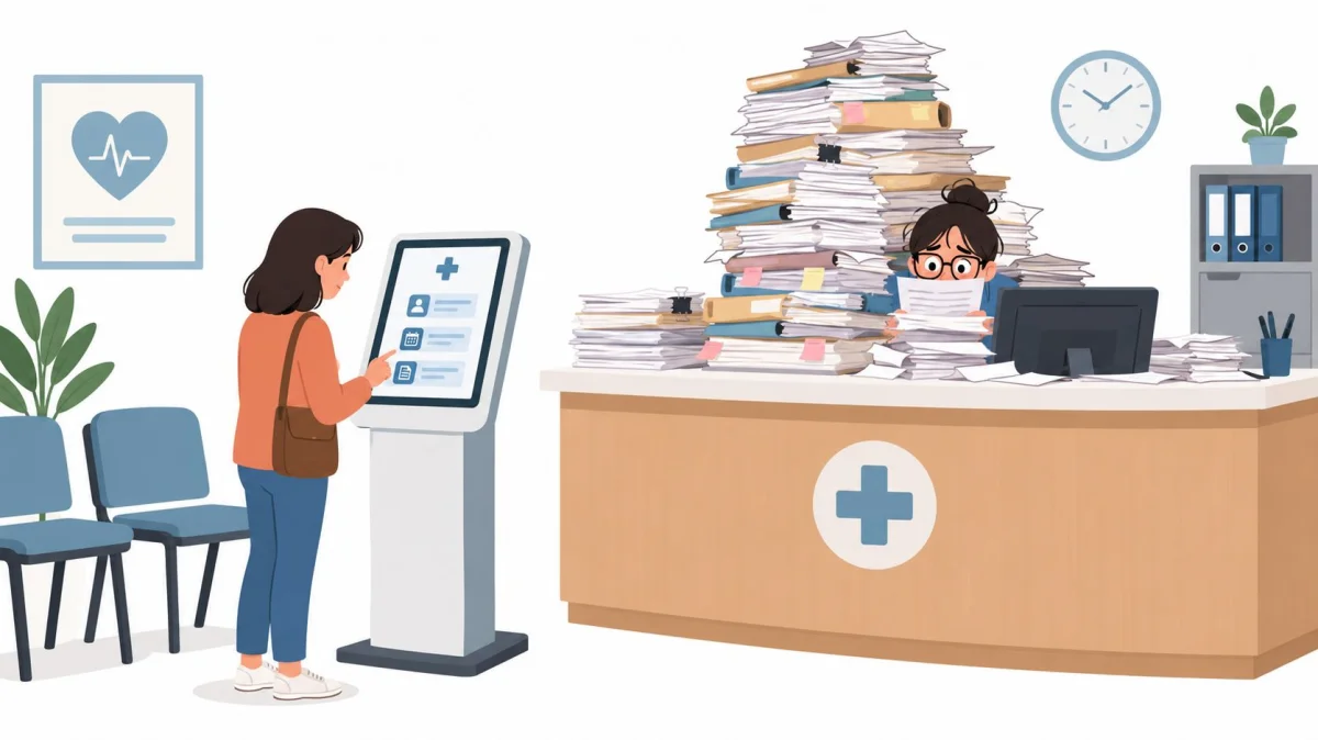 A patient uses a digital self-scheduling kiosk while a overwhelmed receptionist struggles with piles of paperwork.