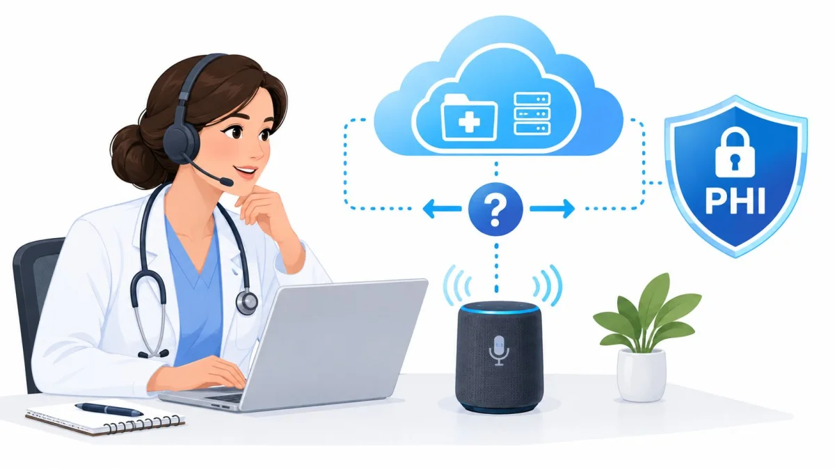 A healthcare professional using a voice assistant connected to a secure cloud platform for managing patient data.