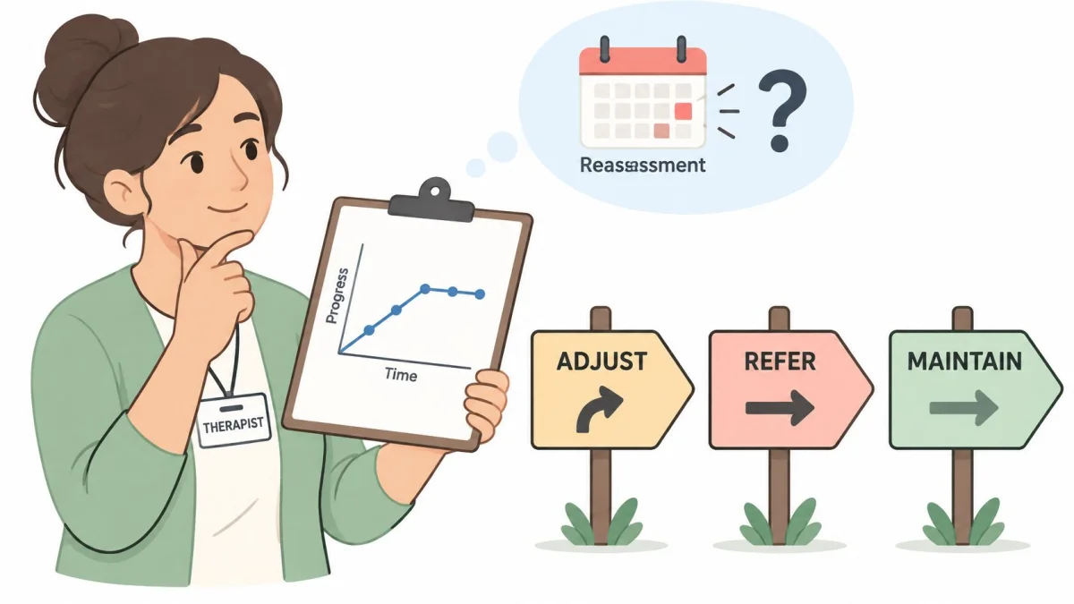 A therapist reviewing patient progress charts to determine whether to adjust, refer, or maintain treatment plans.