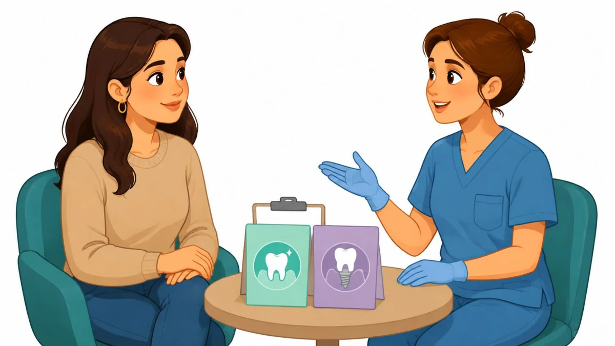 A female dental professional explaining dental procedures to a patient during a consultation at a dental clinic.