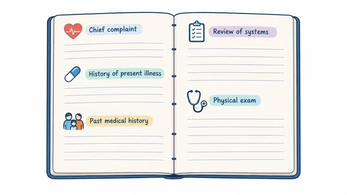 An open notebook illustration with sections labeled for medical history, physical exam, and nursing notes.