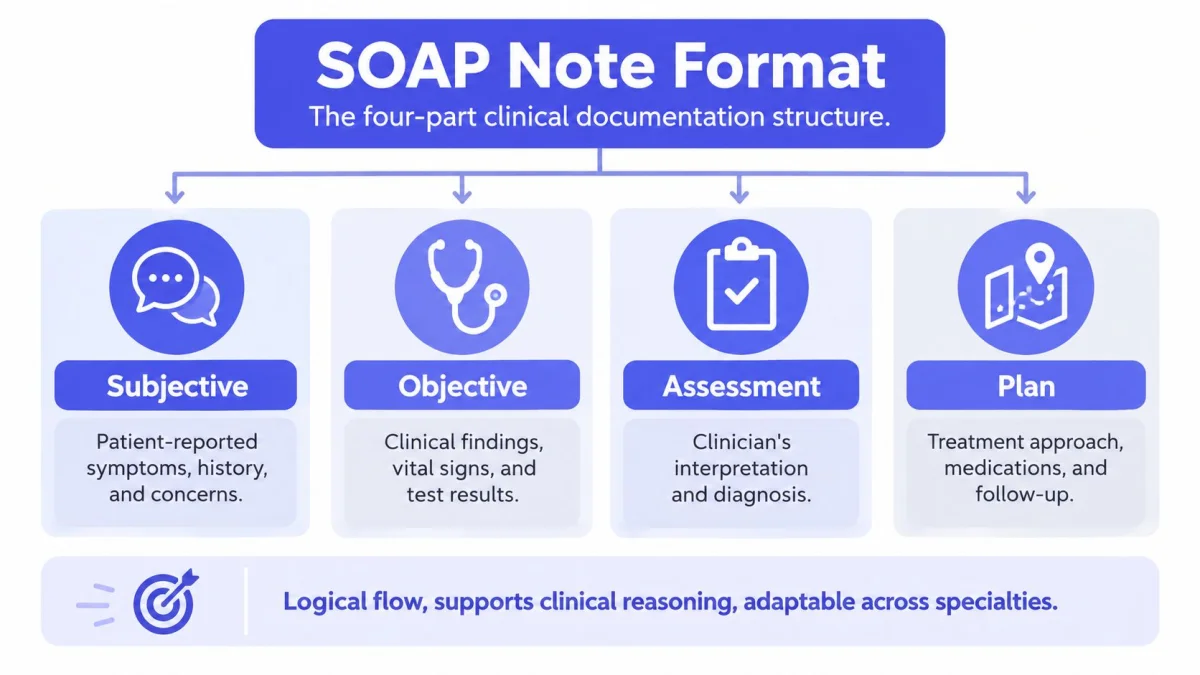 An infographic explaining the four-part SOAP note format used in clinical documentation for patient care.