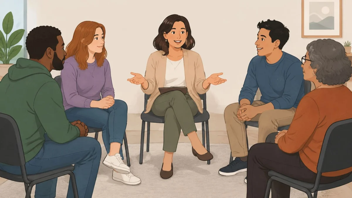A diverse group of adults sitting in a circle during a professional mental health therapy session.