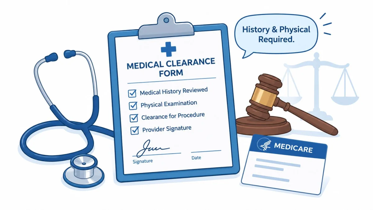 A medical clearance form with a stethoscope, wooden gavel, and a Medicare card on a white background.