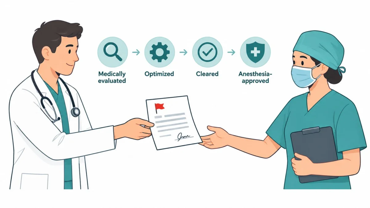 A doctor in a lab coat handing a medical document to a surgical nurse in scrubs.