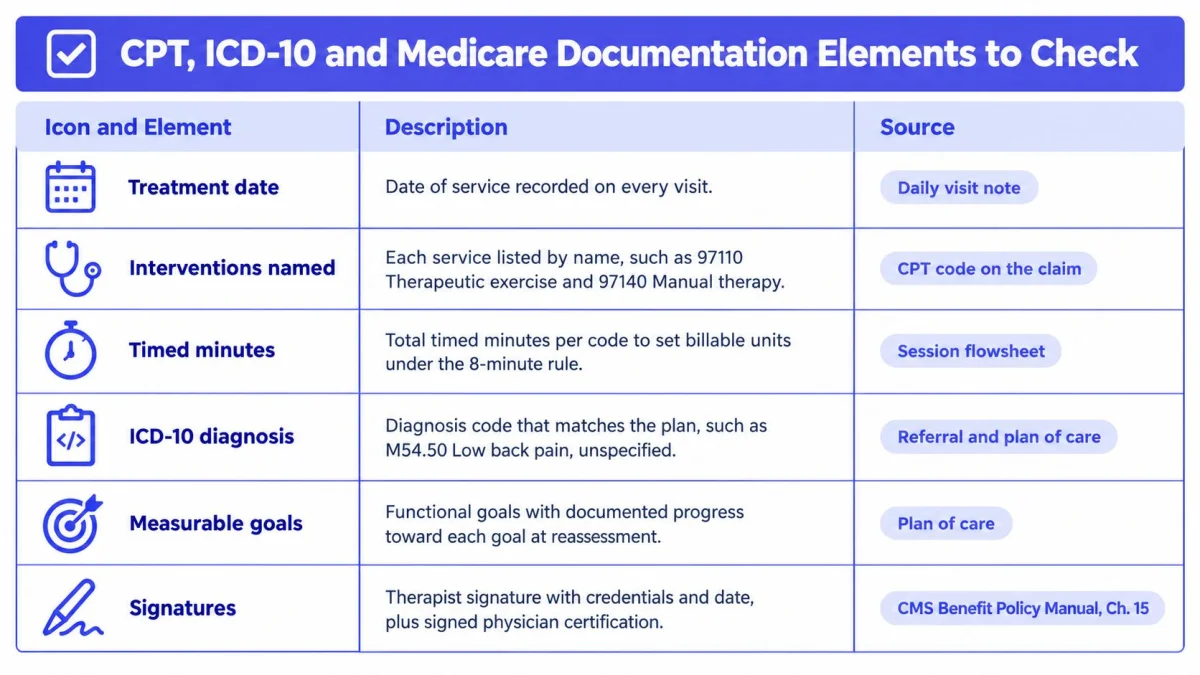 A table outlining essential CPT, ICD-10, and Medicare documentation elements for physical therapy medical records.